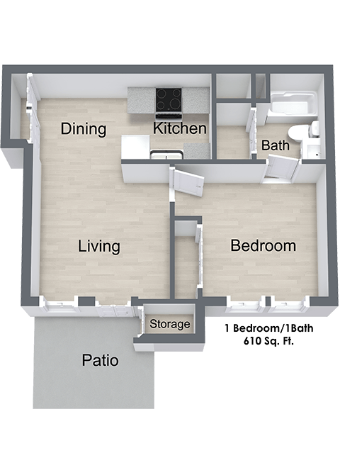 Floor plan for 1 bed, 1 bath, 624 sqft